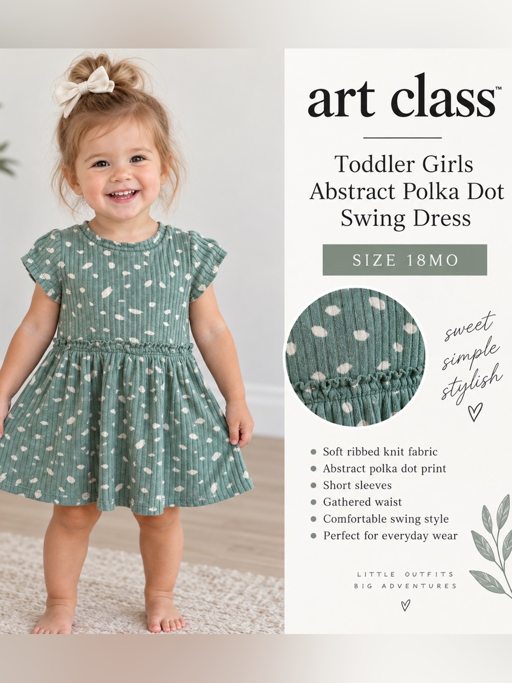 Art Class Toddler Girls Green Abstract Polka Dot Ribbed Swing Dress 18M
